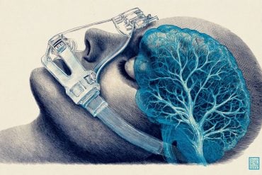 This shows a person sleeping with a CPAP machine on and a brain.