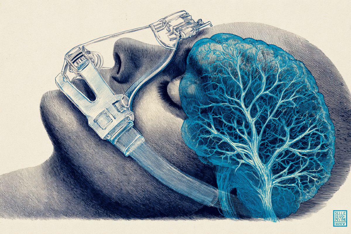 This shows a person sleeping with a CPAP machine on and a brain.