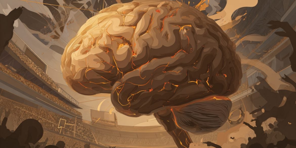 This shows a brain in a football stadium.