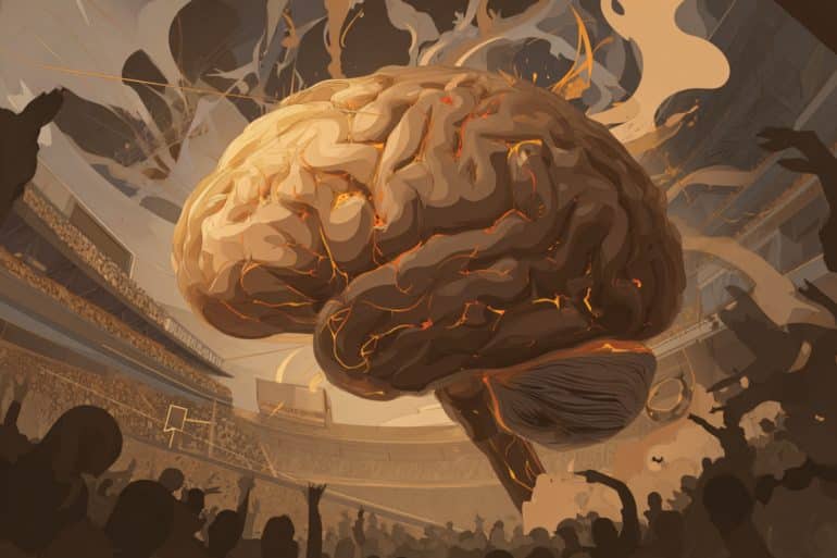 This shows a brain in a football stadium.