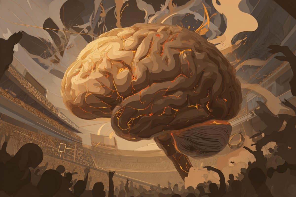 This shows a brain in a football stadium.