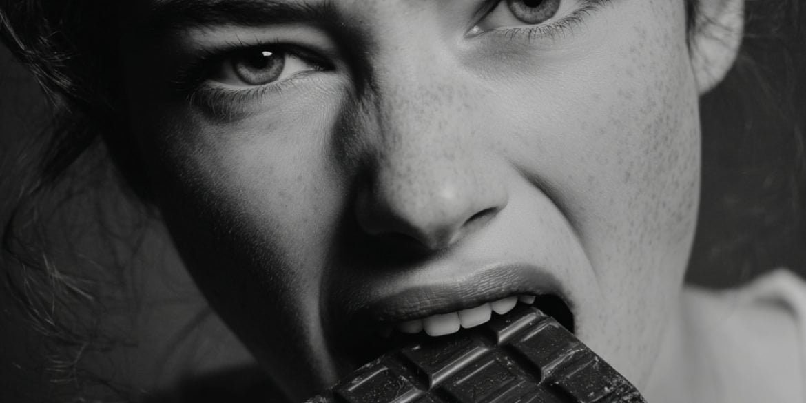 This shows a woman eating chocolate.
