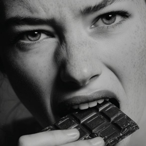 This shows a woman eating chocolate.