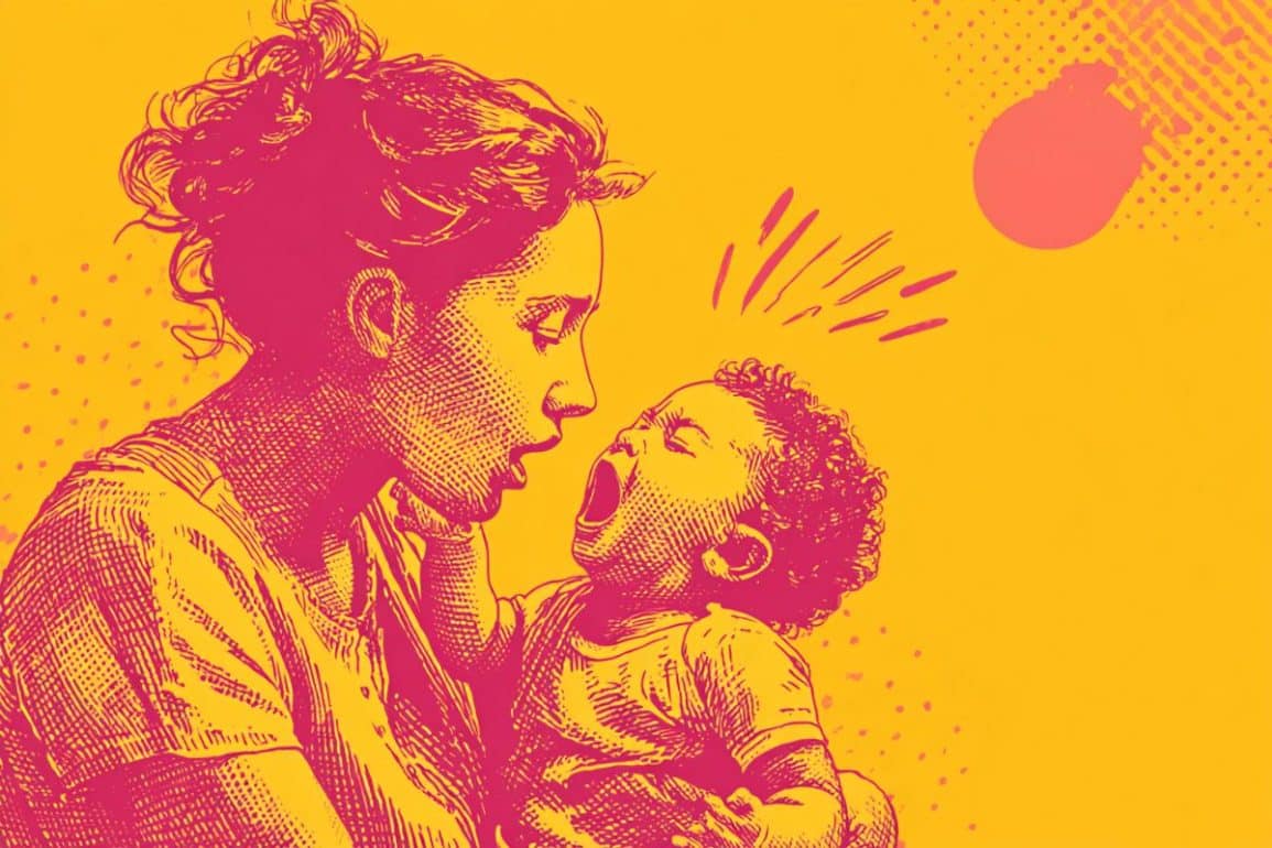 This shows a stressed mom and teething baby.