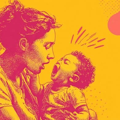 This shows a stressed mom and teething baby.