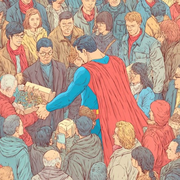 This shows Superman in a crowd of people.