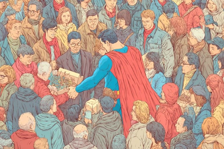 This shows Superman in a crowd of people.