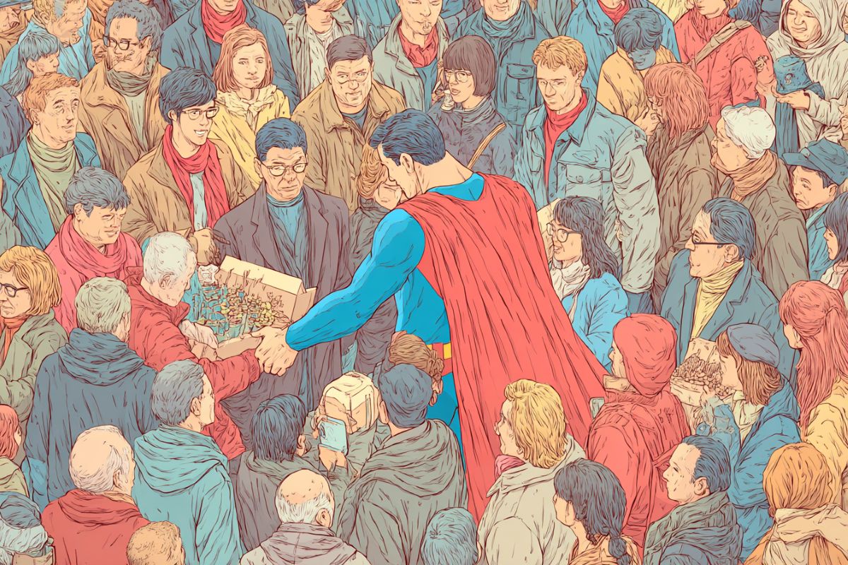 This shows Superman in a crowd of people.