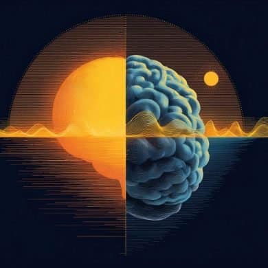 This shows a brain with a night and day background.
