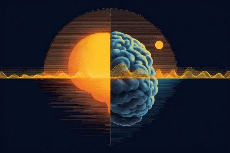 This shows a brain with a night and day background.