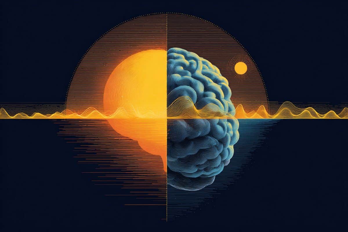 This shows a brain with a night and day background.