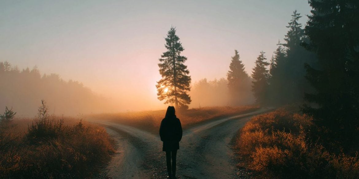 This shows a person in a forest standing at a crossroads.