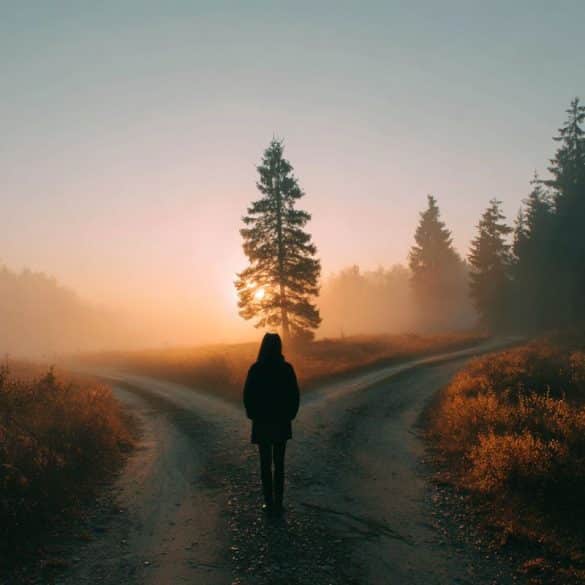 This shows a person in a forest standing at a crossroads.