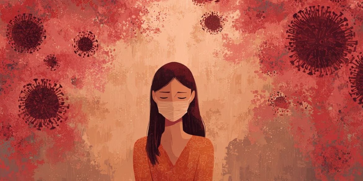 This shows a woman in a face mask surrounded by the COVID virus.