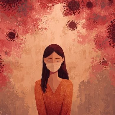 This shows a woman in a face mask surrounded by the COVID virus.