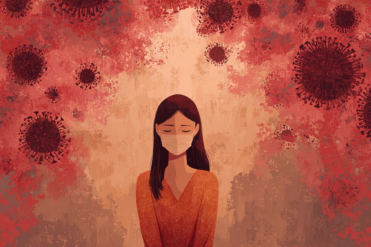 This shows a woman in a face mask surrounded by the COVID virus.