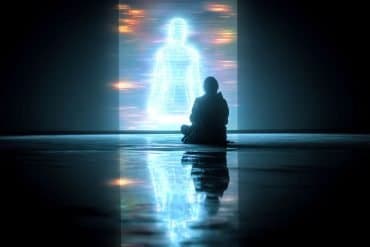 This shows a person looking into a void and a hologram.