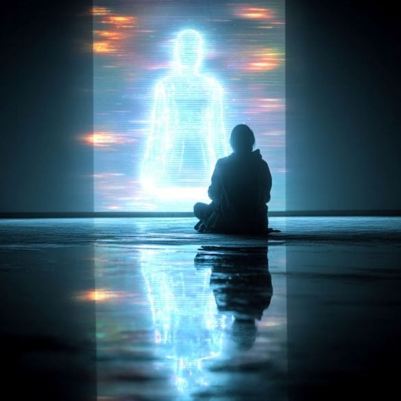 This shows a person looking into a void and a hologram.