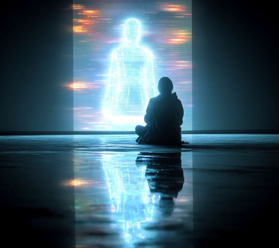This shows a person looking into a void and a hologram.
