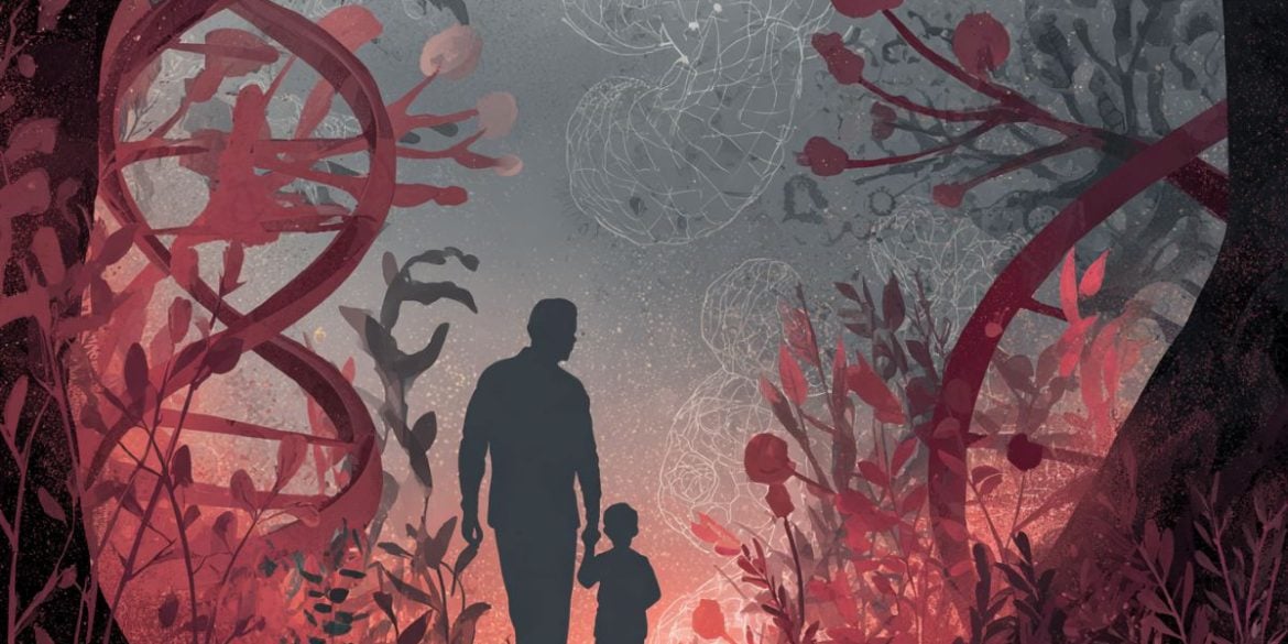 This shows a child and parent walking in a "forest" of DNA.