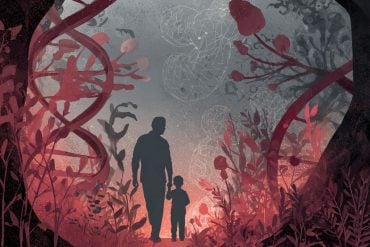 This shows a child and parent walking in a "forest" of DNA.