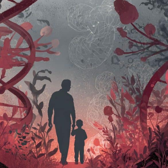 This shows a child and parent walking in a "forest" of DNA.