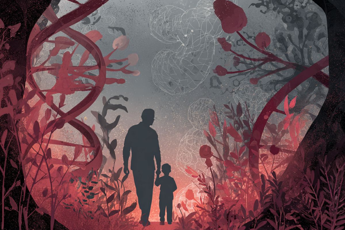 This shows a child and parent walking in a "forest" of DNA.