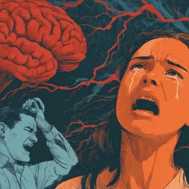 This shows an angry man, a crying woman and a brain.