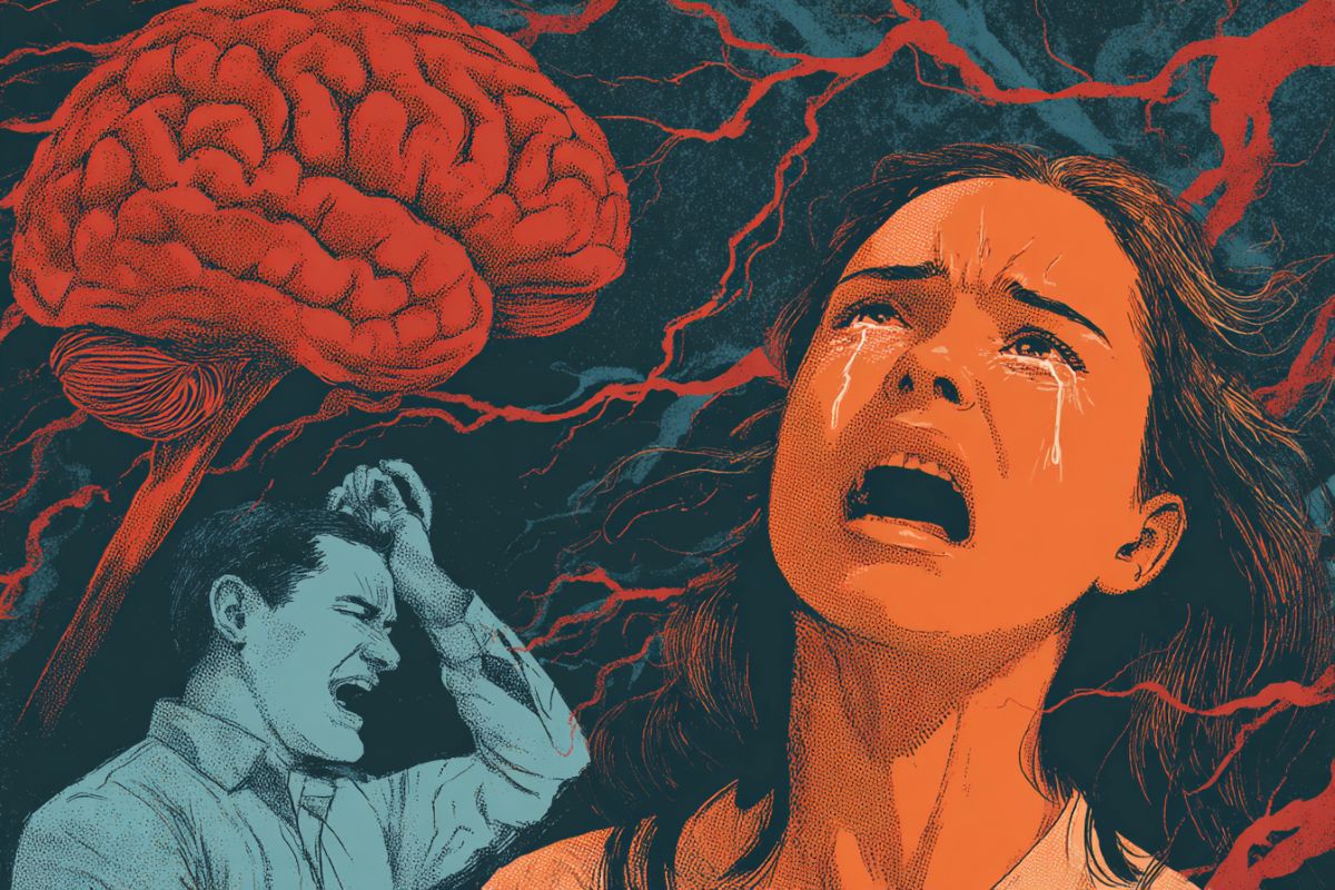 This shows an angry man, a crying woman and a brain.