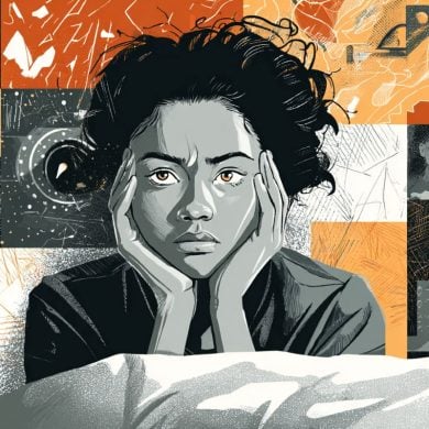 This shows a person awake in bed.