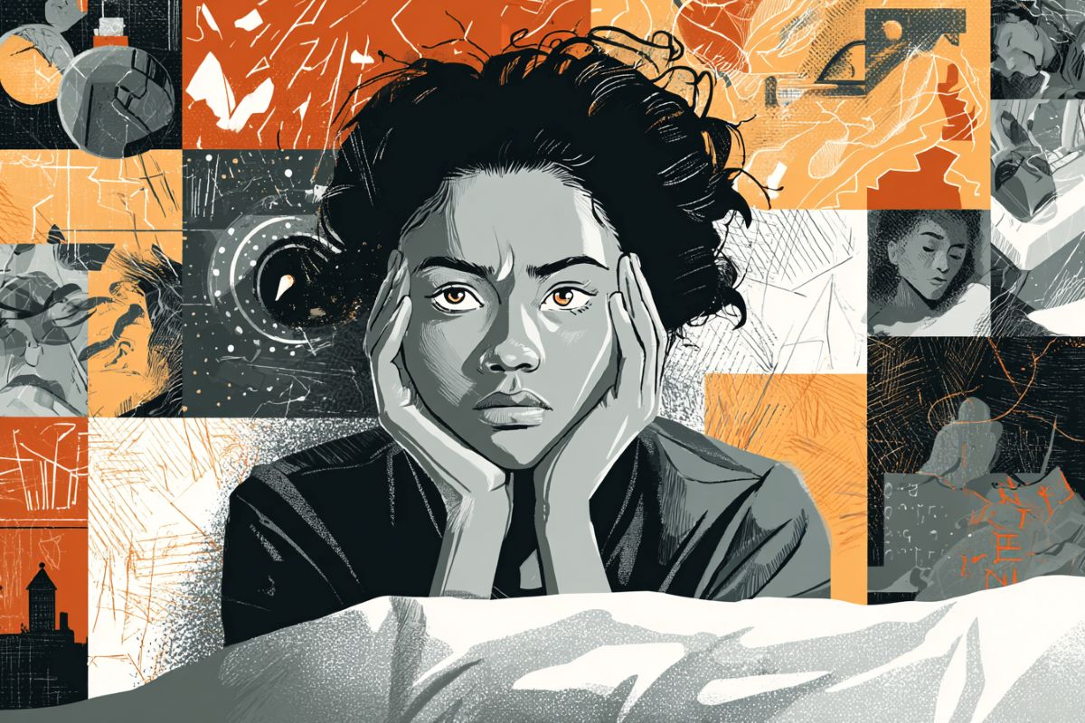 This shows a person awake in bed.