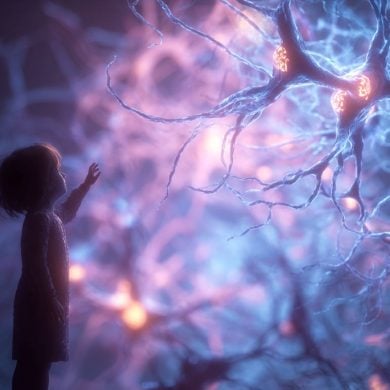 This shows a child reaching to touch neurons.