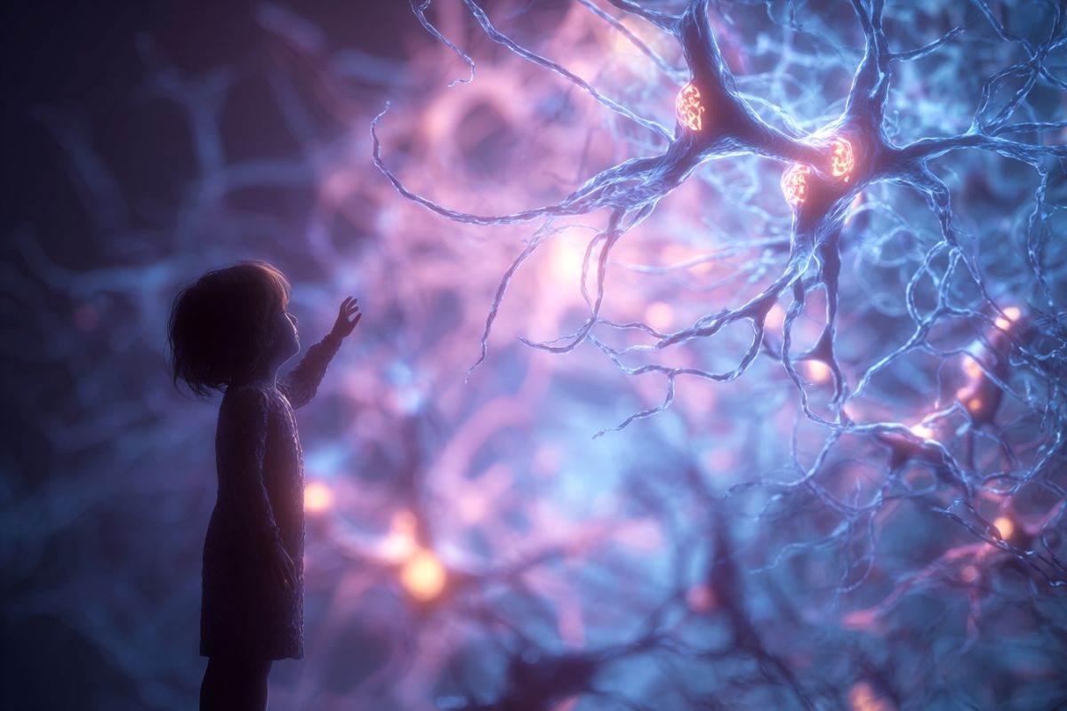 This shows a child reaching to touch neurons.