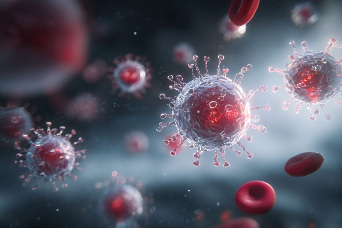 This shows the HIV virus and blood cells.