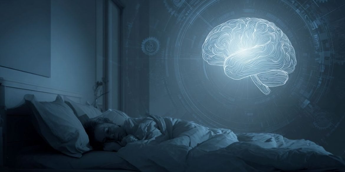 This shows a person laying awake in bed and a brain.