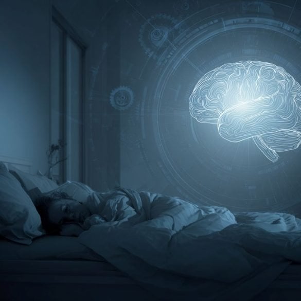 This shows a person laying awake in bed and a brain.