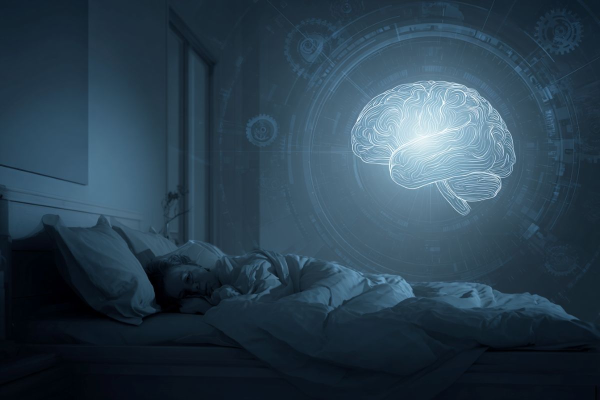 This shows a person laying awake in bed and a brain.