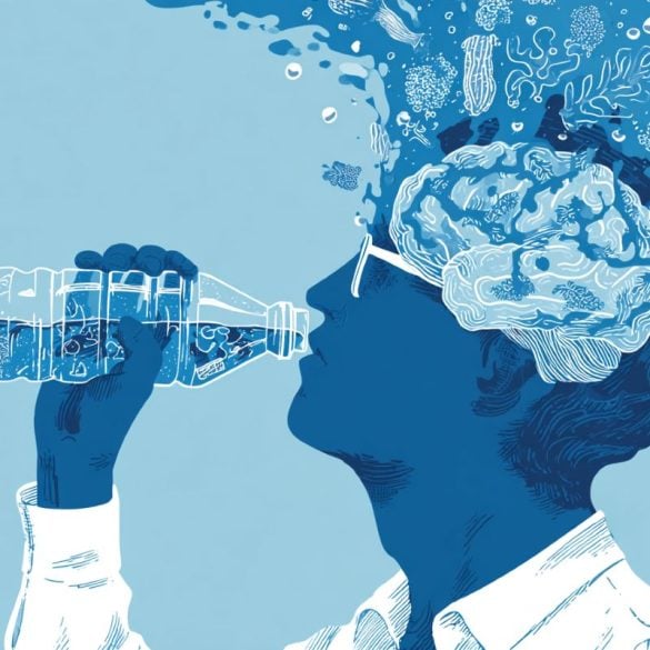 This shows a person drinking from a plastic water bottle and a brain.