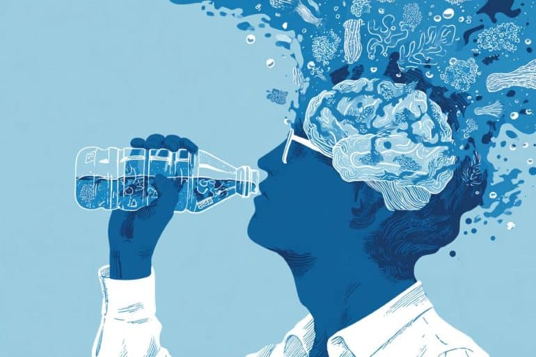 This shows a person drinking from a plastic water bottle and a brain.