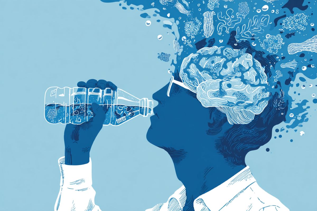 This shows a person drinking from a plastic water bottle and a brain.