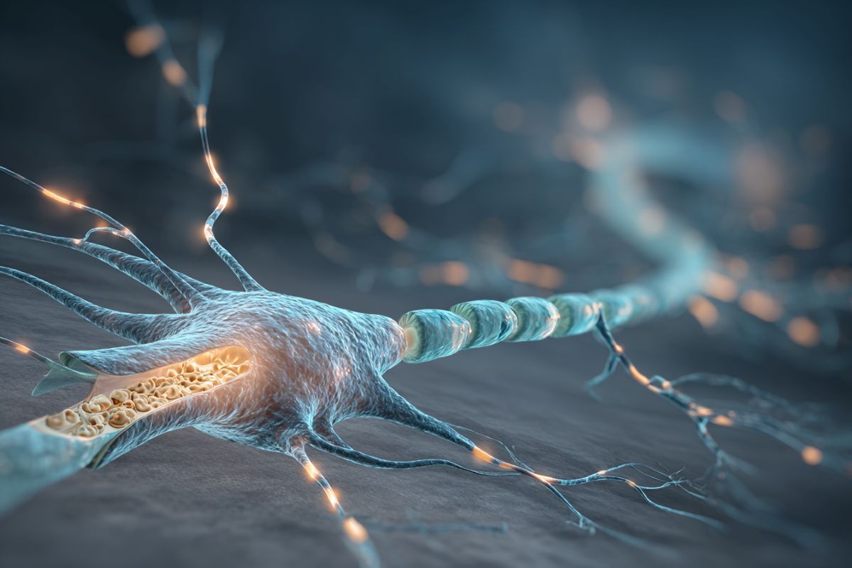 This shows a neuron with a broken myelin sheath.