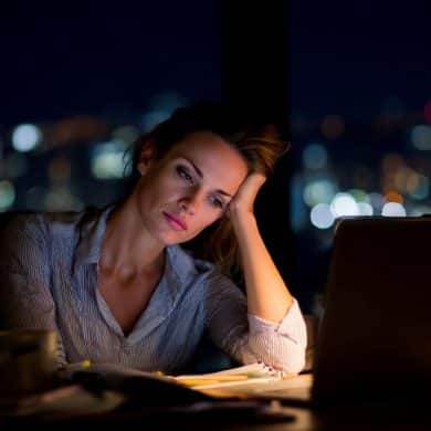 This shows a woman working late at night.
