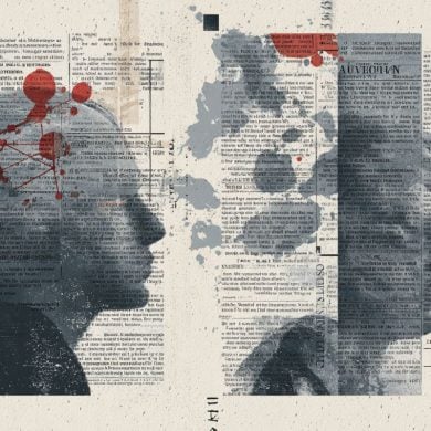 This shows the outline of heads and newspapers.