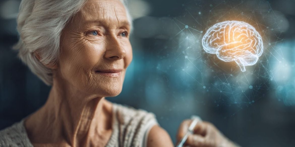 This shows an older woman getting a vaccine.