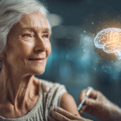 This shows an older woman getting a vaccine.