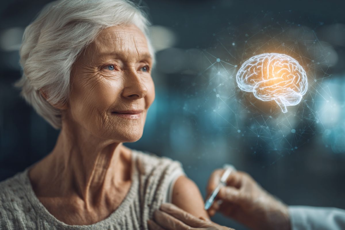 This shows an older woman getting a vaccine.