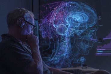 This shows a person with a hearing device and the outline of a head and brain.