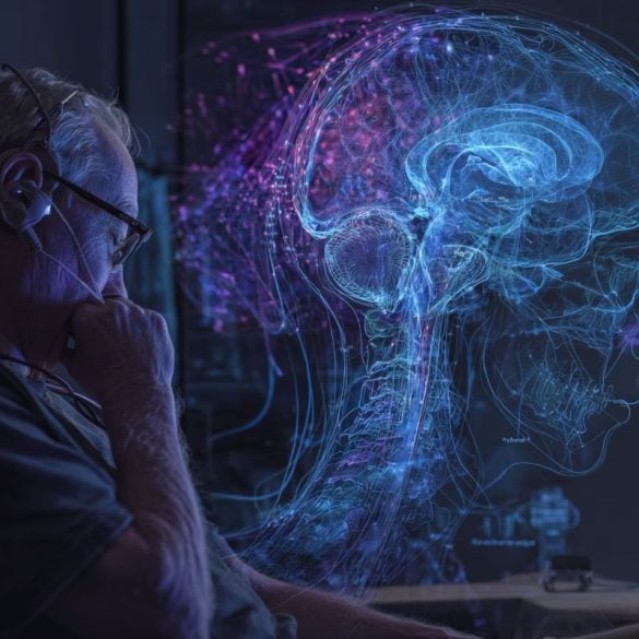 This shows a person with a hearing device and the outline of a head and brain.