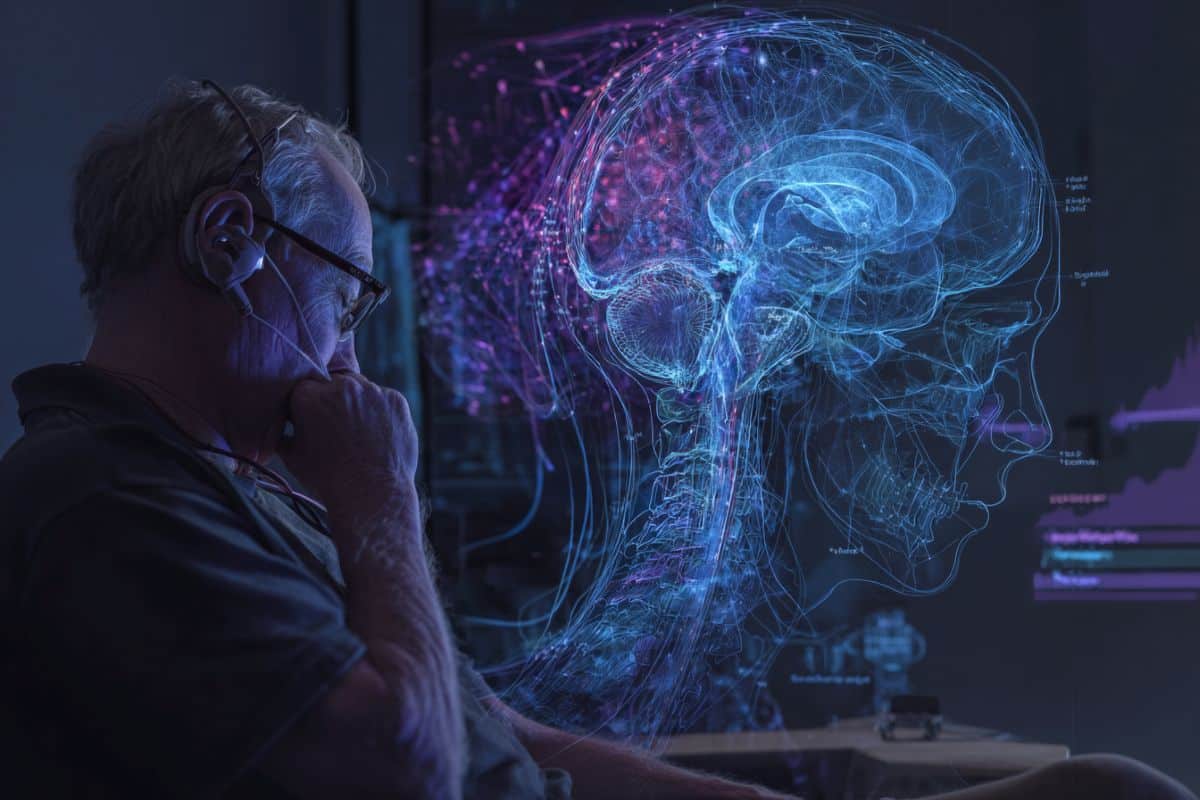 This shows a person with a hearing device and the outline of a head and brain.