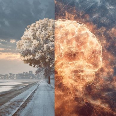 This shows a photo of a tree and a brain on fire.